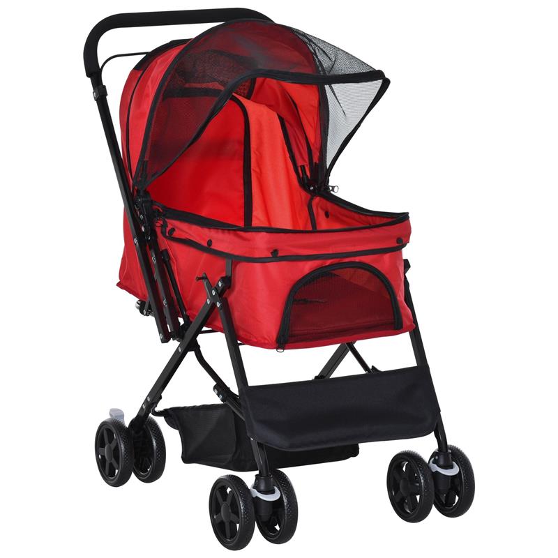 Image of PASSEGGINO PER CANI PICCOLI PIEGHEVOLE CON MANIGLIONE GIREVOLE E RUOTE CON FRENI, 76.5X52X95CM, ROSSO