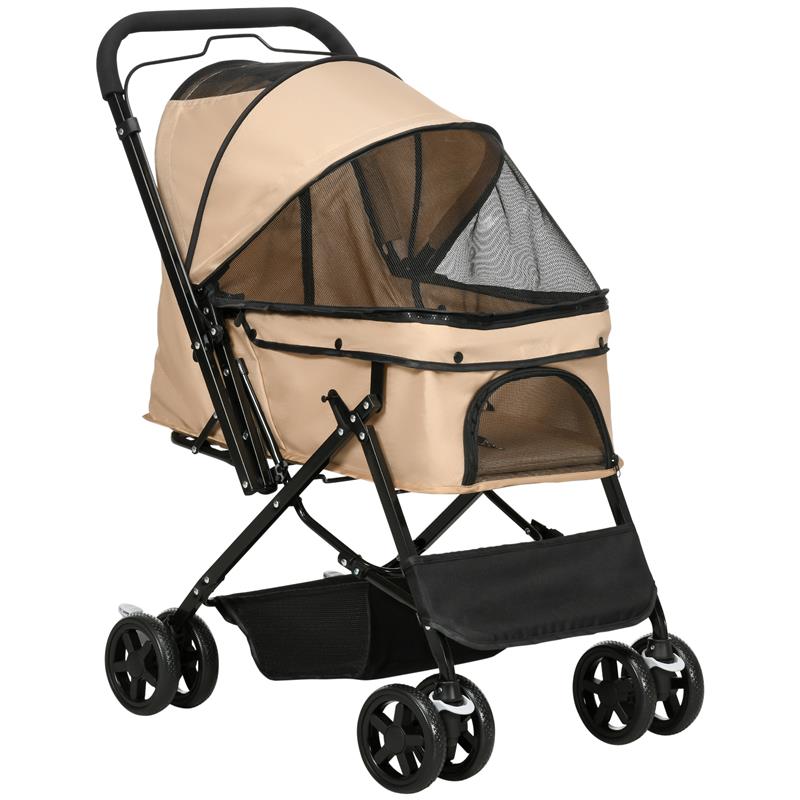 Image of PASSEGGINO PER CANI PICCOLI PIEGHEVOLE CON MANIGLIONE GIREVOLE, RUOTE CON FRENI E CESTINO, MARRONE