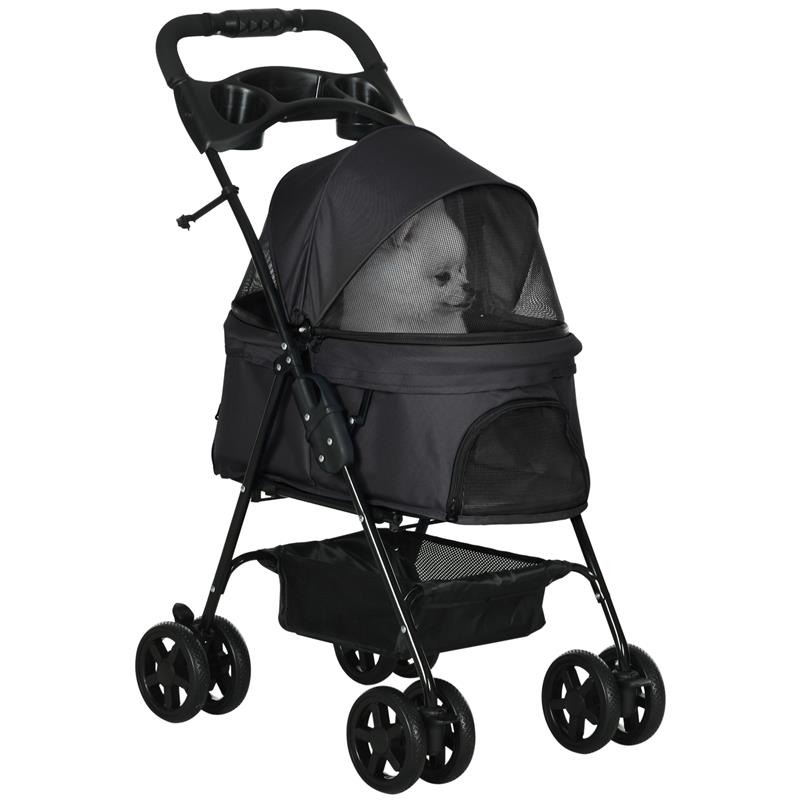 Image of PASSEGGINO PER CANI PICCOLI PIEGHEVOLE CON GUINZAGLIO DI SICUREZZA E CESTINO, NERO