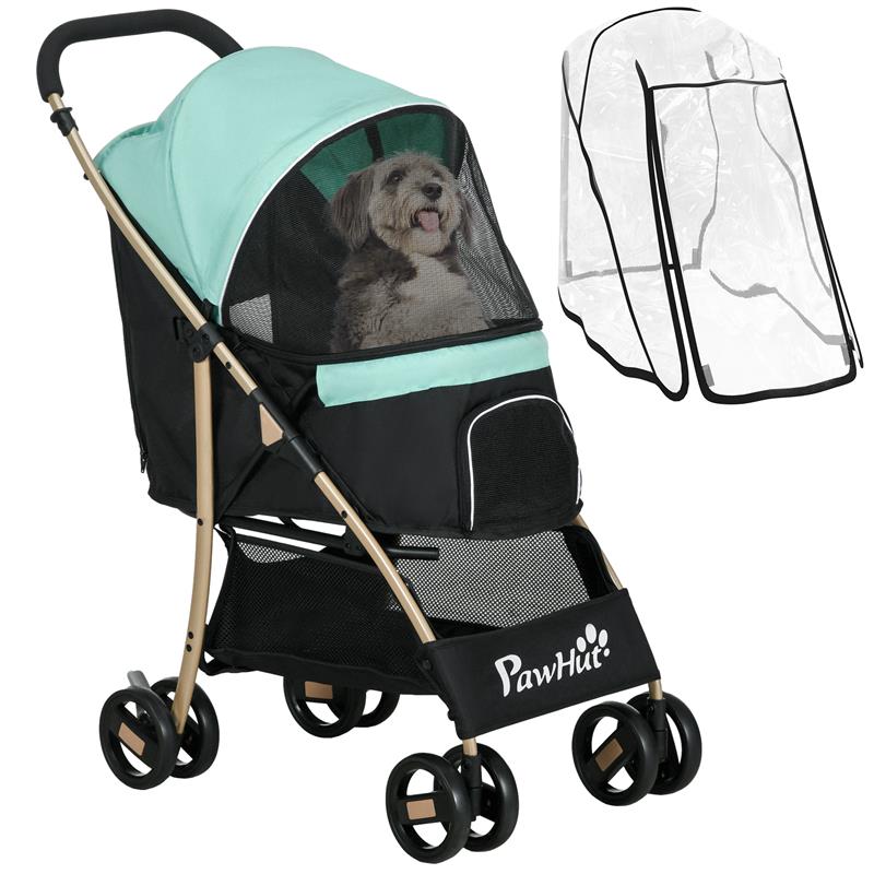Image of PASSEGGINO PER CANI PICCOLI PIEGHEVOLE CON COPERTURA ANTIPIOGGIA, CESTINO E GUINZAGLIO INTEGRATO, VERDE