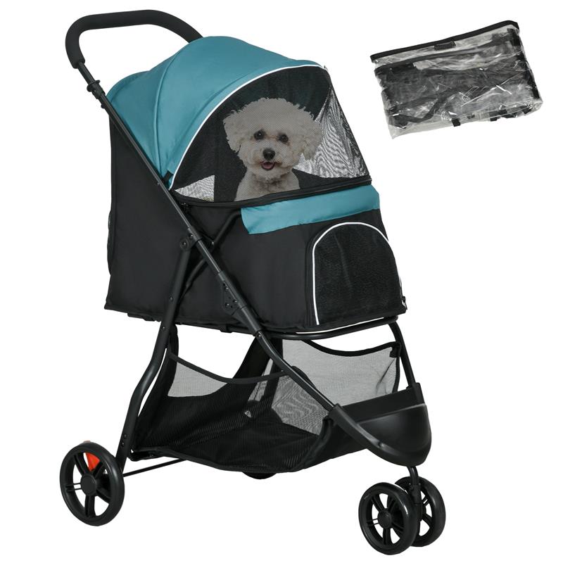 Image of PASSEGGINO PER CANI PICCOLI PIEGHEVOLE A 3 RUOTE CON COPERTURA ANTIPIOGGIA E CESTINO, VERDE SCURO
