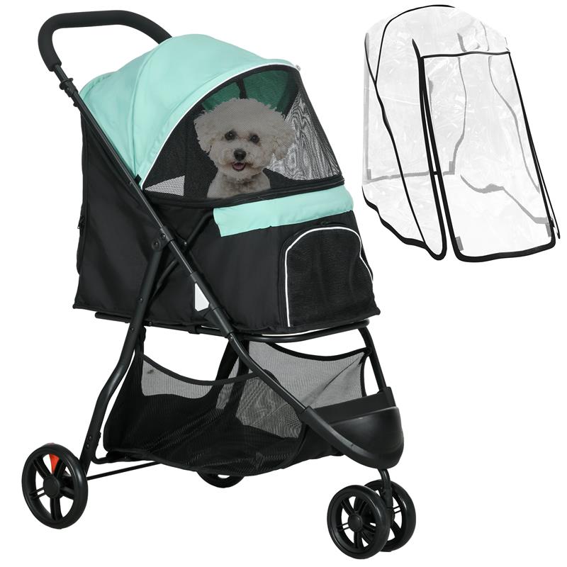 Image of PASSEGGINO PER CANI PICCOLI PIEGHEVOLE A 3 RUOTE CON COPERTURA ANTIPIOGGIA E CESTINO, VERDE