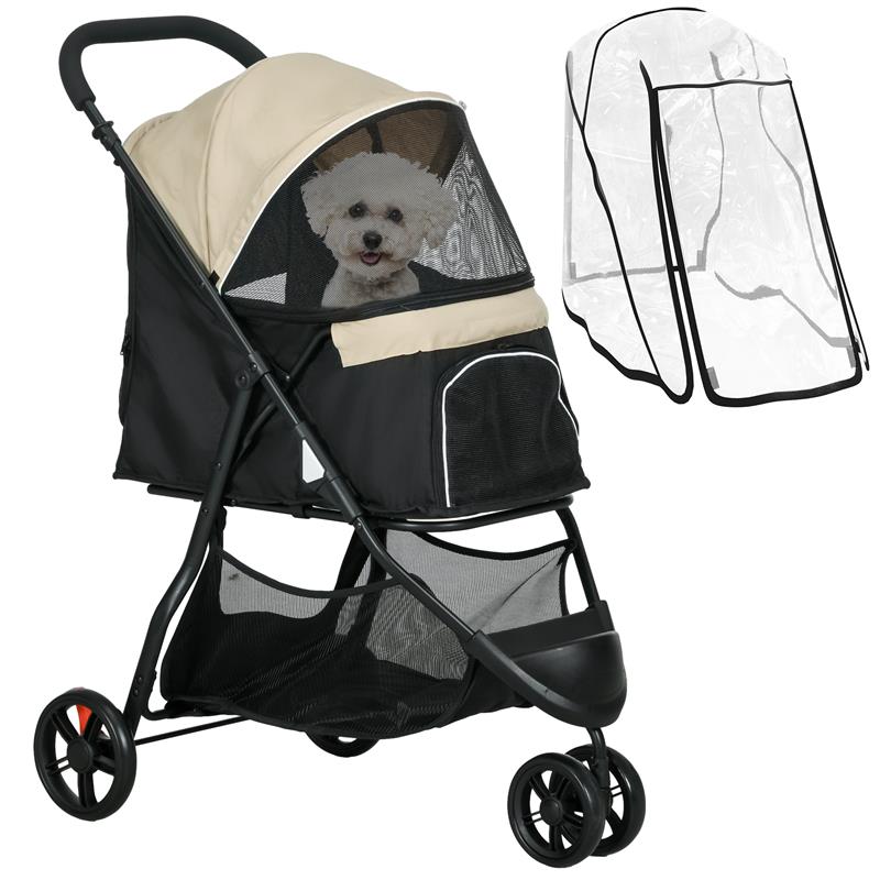 Image of PASSEGGINO PER CANI PICCOLI PIEGHEVOLE A 3 RUOTE CON COPERTURA ANTIPIOGGIA E CESTINO, CACHI
