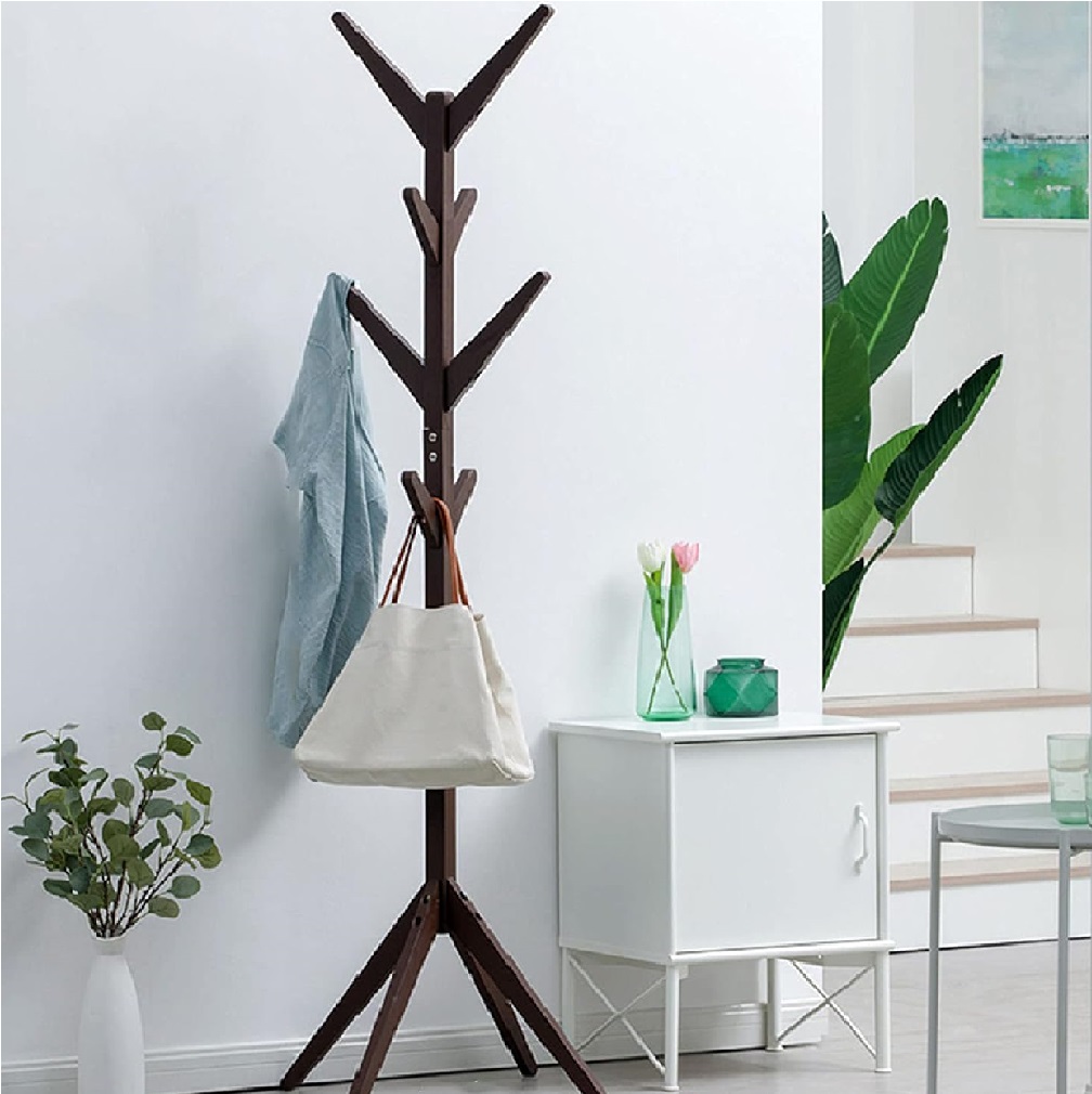 Image of Piantana Appendiabiti in legno Naturale 8 Ganci 58x58 H175cm Verniciato Marrone