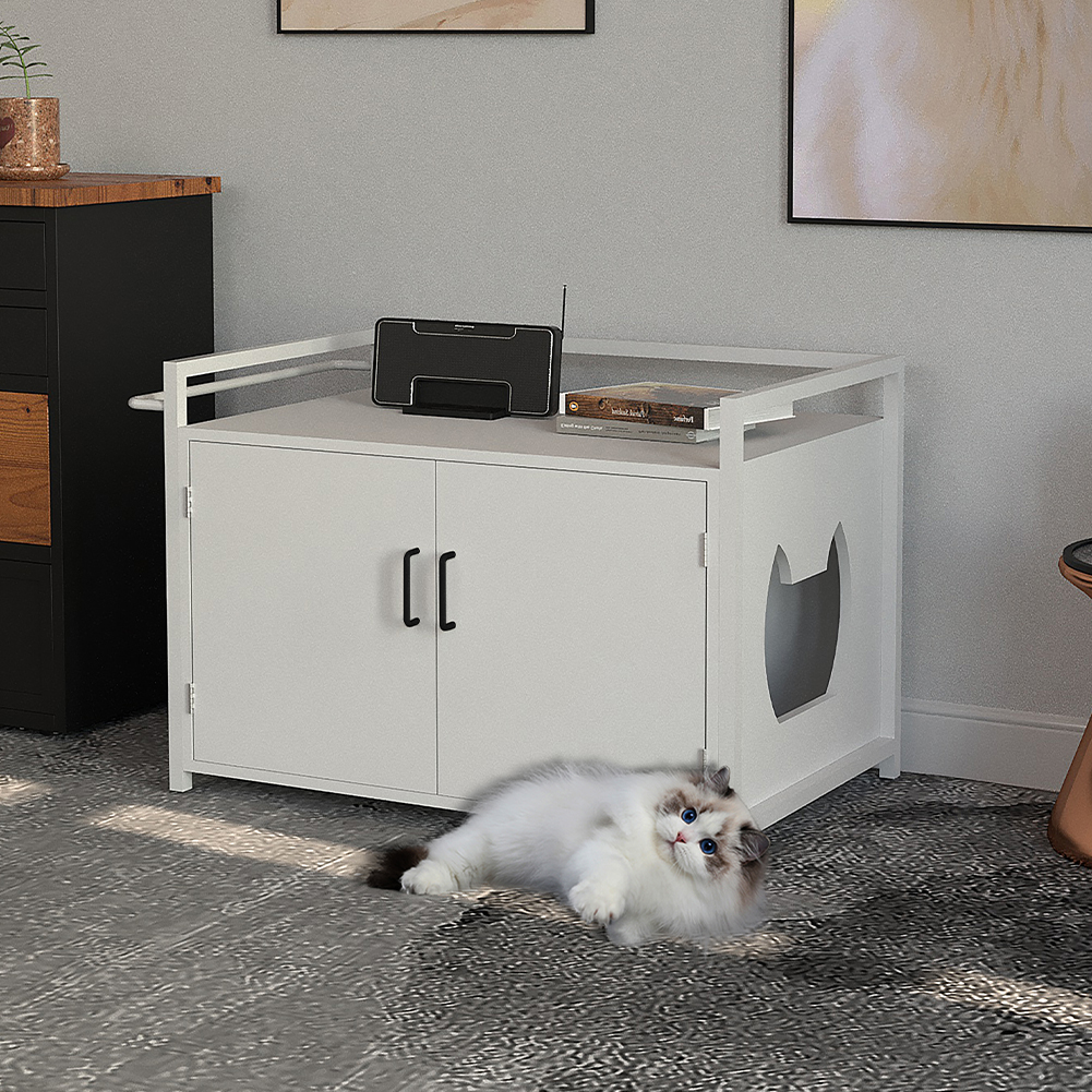 Mobile Lettiera per Gatti Bianco con 2Ante Chiusura Magnetica e Ingresso Laterale