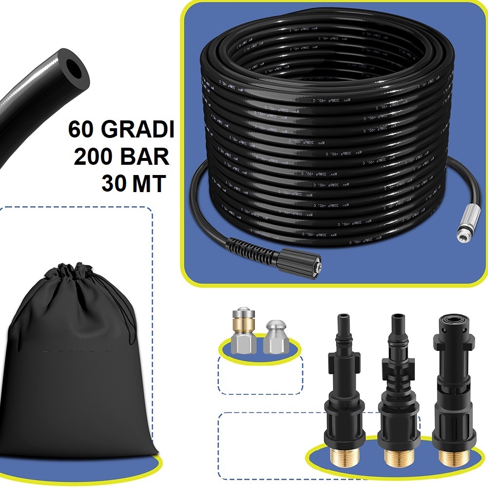 Micro Sonda Sturatubi per Idropulitrice 30mt 200Bar 5Adattatori e Borsa Antipiega