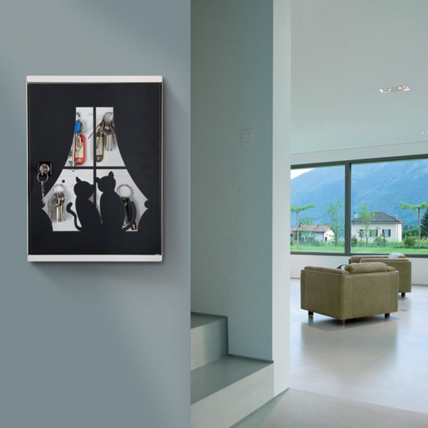 Image of ALUBOX MIA Portachiavi Da Parete Personalizzato 16 Ganci Appendi Chiavi A Muro Da Interno 35,6X26,5X12 Cm Portachiavi Da Muro Interno Esterno Protetto Made In Italy COLORE: GATTINI