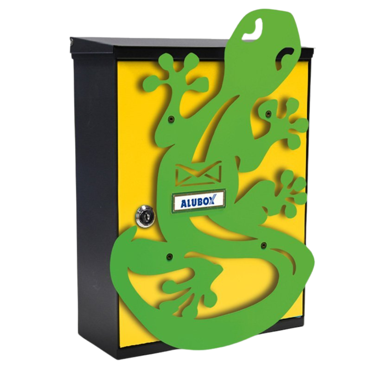 Image of ALUBOX MIA Cassetta Postale Da Esterno 44X44X22 Cm Cassetta Posta Lamiera Zincata Cassetta Lettere Impermeabile Formato Rivista Con Cover Intercambiabili Sportello Giallo COLORE: GECO VERDE