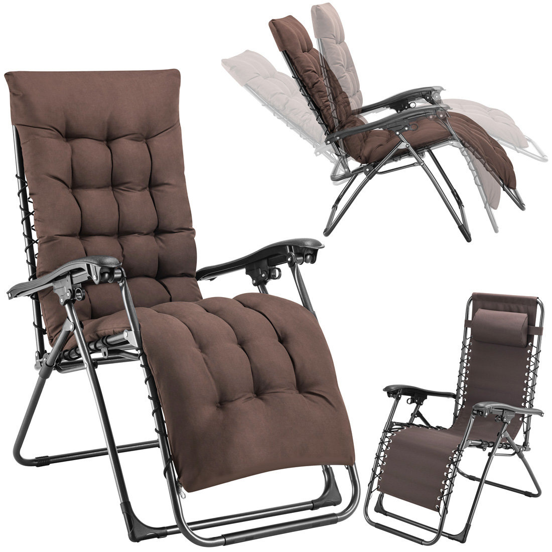 Poltrona da Giardino con Cuscino Imbottito Struttura Acciaio Pieghevole Marrone Relax