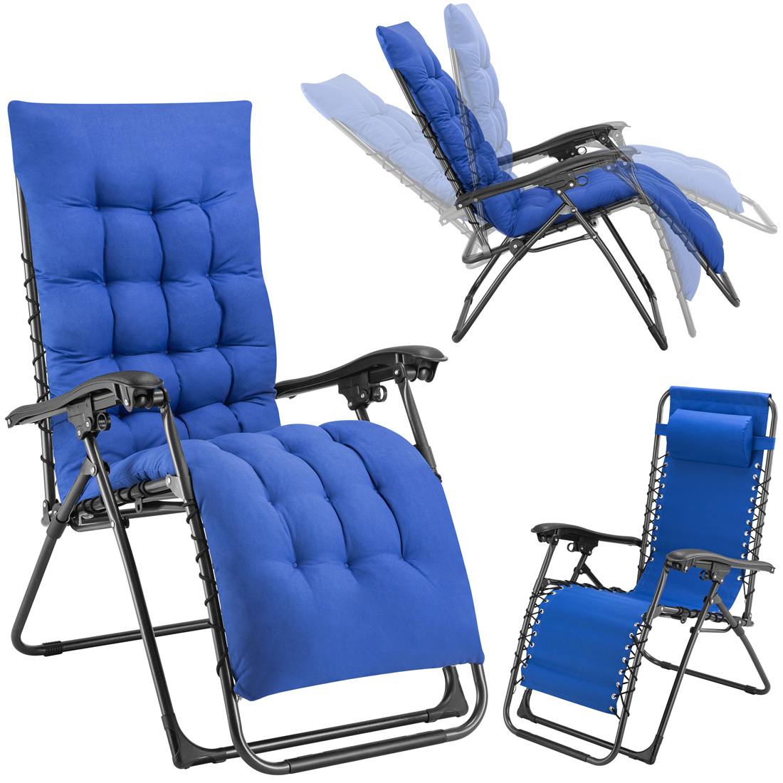 Poltrona da Giardino con Cuscino Imbottito Struttura Acciaio Pieghevole Blu Relax