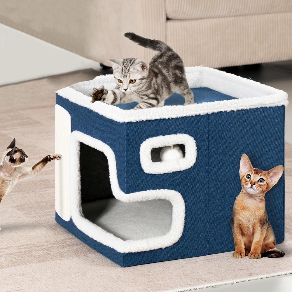 Image of Cuccia Casa per Gatti Blu Tiragraffi Casetta Animali Domestici 42x42x33 cm