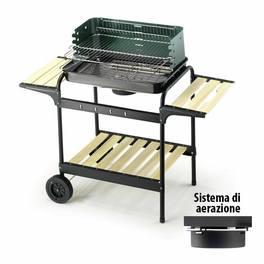 Image of Barbecue Carbonella Portatile Carrello Ruote Ripiani Legno Carbone Ompagrill