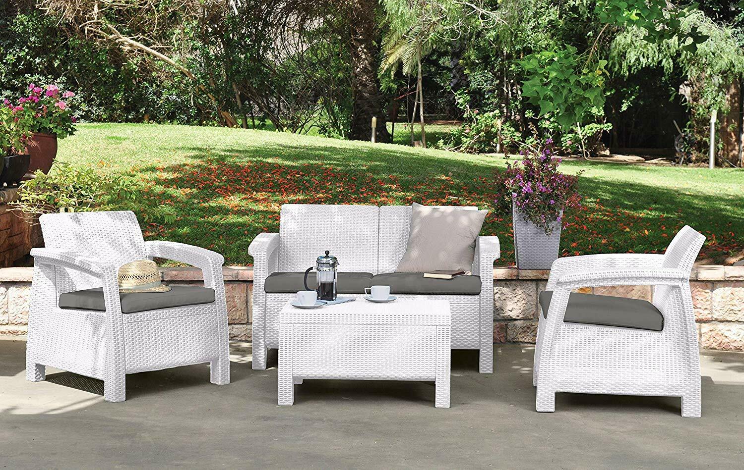 Set da Giardino Rattan Salottino Divano Tavolino 2 Poltrone Esterno Corfu Keter Colore: Bianco