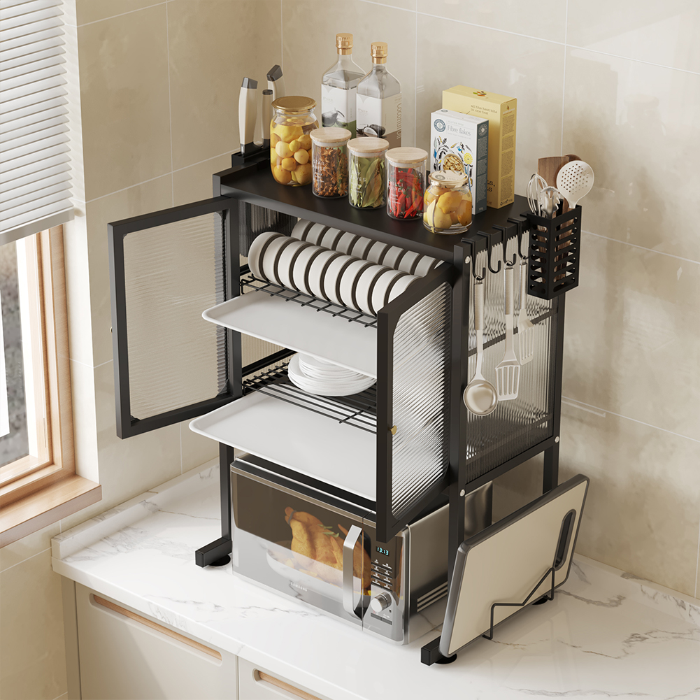 Scaffale Credenza Porta Microonde con Vetrinetta in Metallo Nero 57x37x76cm