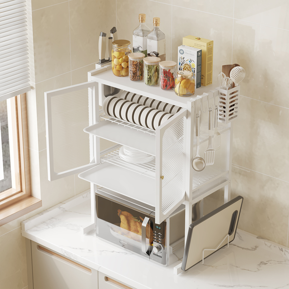 Scaffale Credenza Porta Microonde con Vetrinetta in Metallo Bianco 57x37x76cm