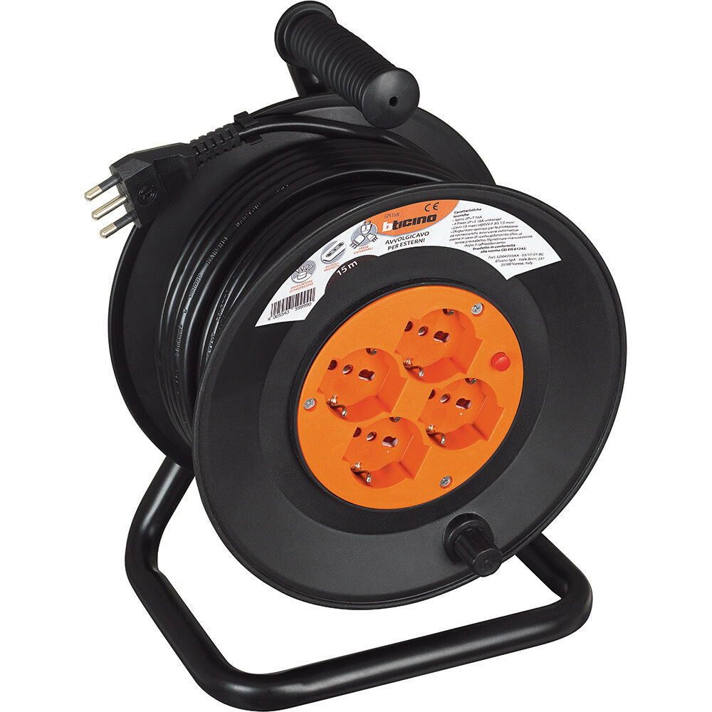 Image of Avvolgicavo elettrico 15 metri Bticino S2515N Prolunga Cavo 4 Presa Schuko 2P+T