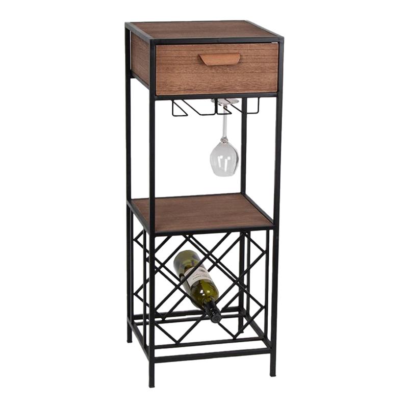 Image of MOBILE PORTABOTTIGLIE DI VINO IN LEGNO E METALLO CON PORTABICCHIERI H 86.5X34X32.5 CM STILE MODERNO + CASSETTO