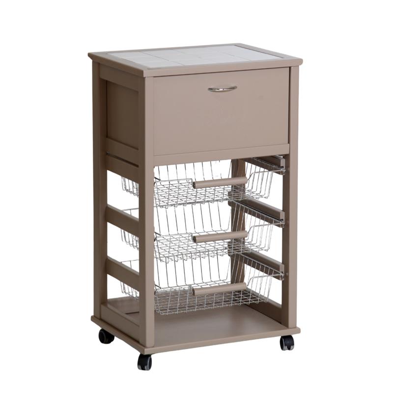 Image of VESUVIO CARRELLO PORTA PANE TORTORA IN FAGGIO BASE INFERIORE DI BETULLA 1 CASEETTO 3 CESTELLI PIANO MATTONELLE IN CERAMICA 85X49X39 CM OKX