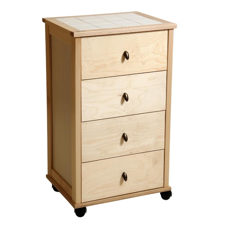 Image of VESUVIO POKER CASSETTIERA NATURALE IN FAGGIO BASE INFERIORE DI BETULLA PIANO MATTONELLE IN CERAMICA RUOTE IN PLASTICA GOMMATA 84X49X39 CM OKX
