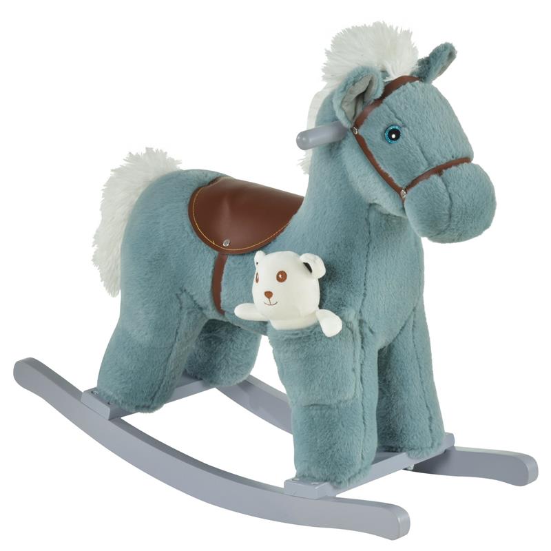 Image of CAVALLO A DONDOLO IN PELUCHE E LEGNO CON SUONI E ORSETTO INCLUSO, PER BIMBI DA 18-36 MESI, 65X26X55CM, BLU