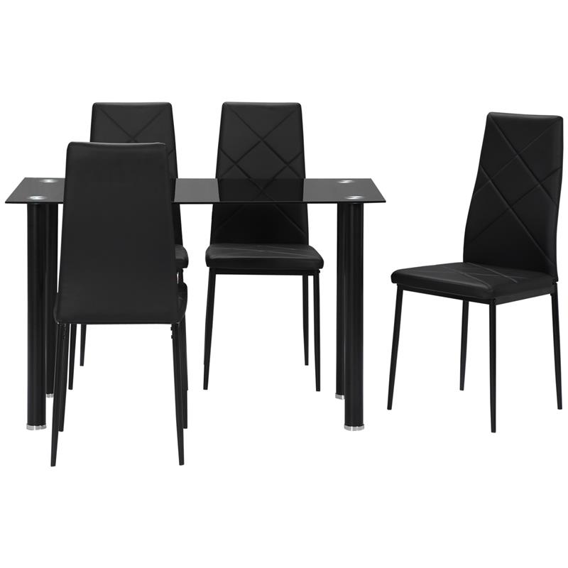 Image of SET TAVOLO DA PRANZO CON 4 SEDIE, PIANO IN VETRO E SEDIE IMBOTTITE IN FINTA PELLE, NERO