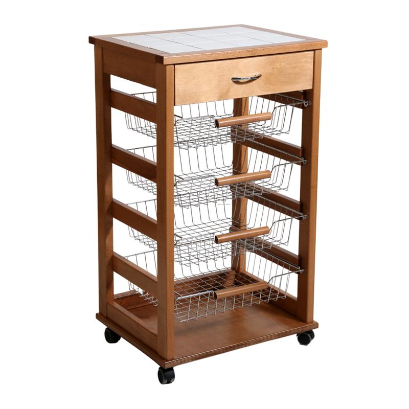 Image of CARRELLO VESUVIO CON CASSETTO ROVERE IN FAGGIO BASE INFERIORE MULTISTRATO DI BETULLA 1 CASSETO 4 CESTELLI PIANO MATTONELLE IN CERAMICA OKX