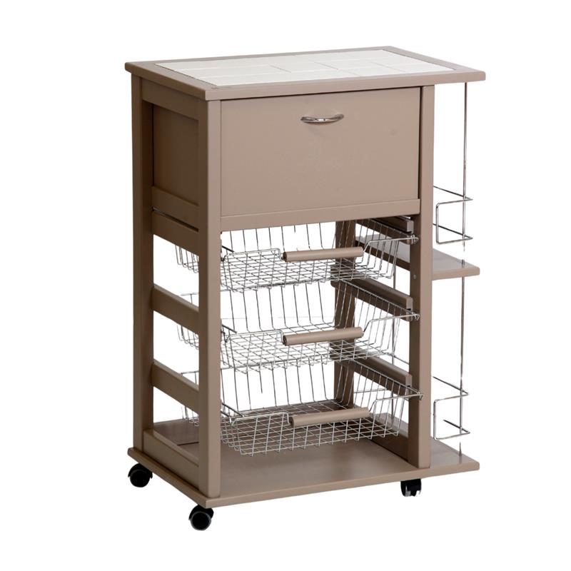 Image of CARRELLO VESUVIO C/CASSETTO+PORTABOTTIGLIE TORTORA IN FAGGIO BASE INFERIORE MULTISTRATO DI BETULLA 1 CASSETTO 3 CESTELLI PIANO MATTONELLE IN CERAMICA OKX