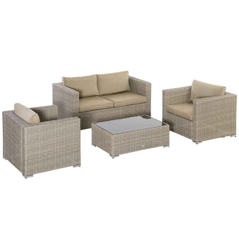 SET MOBILI DA GIARDINO 4 PEZZI IN RATTAN PE 1 DIVANO, 2 POLTRONE, 1 TAVOLINO E CUSCINI RIMOVIBILI E LAVABILI, KAKI E BEIGE