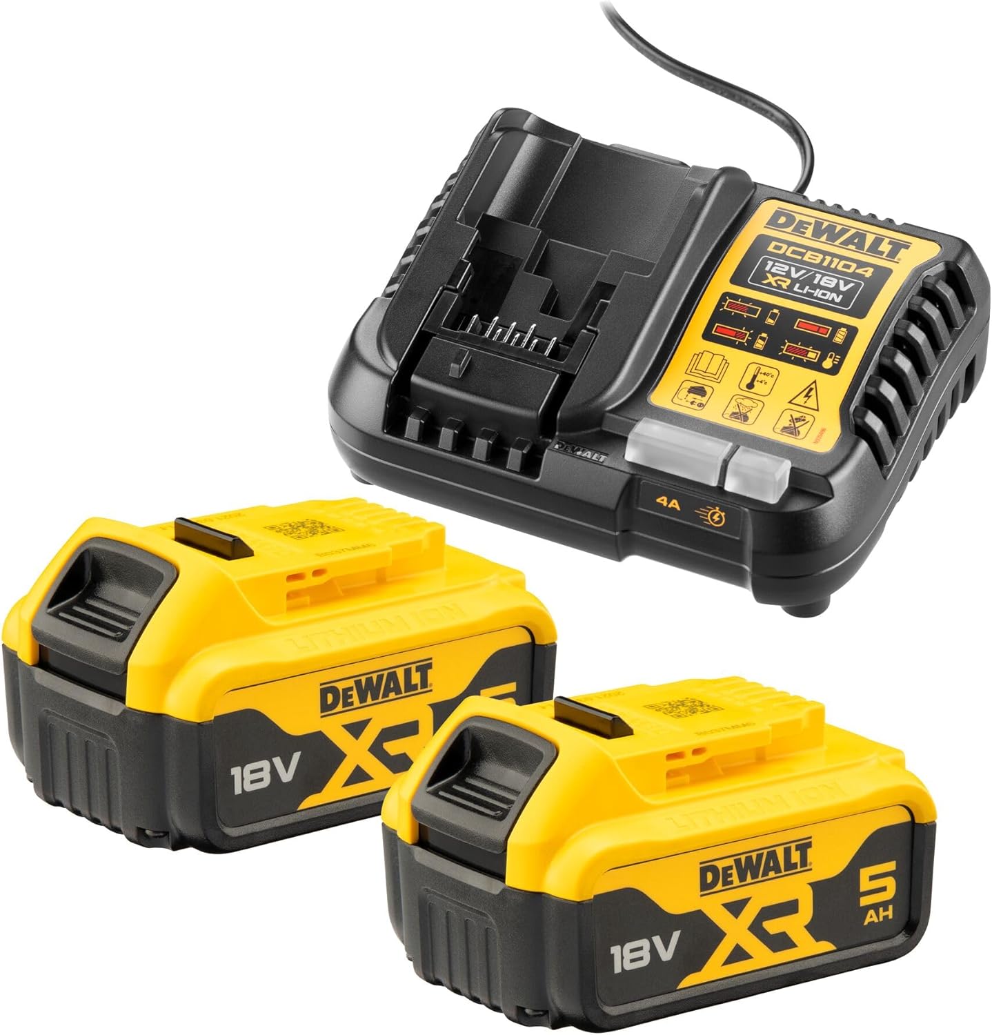 DeWalt 2 Batterie agli ioni di litio XR da 5,0 Ah, 18 V con caricatore caricabatteria DCB115 DCB184