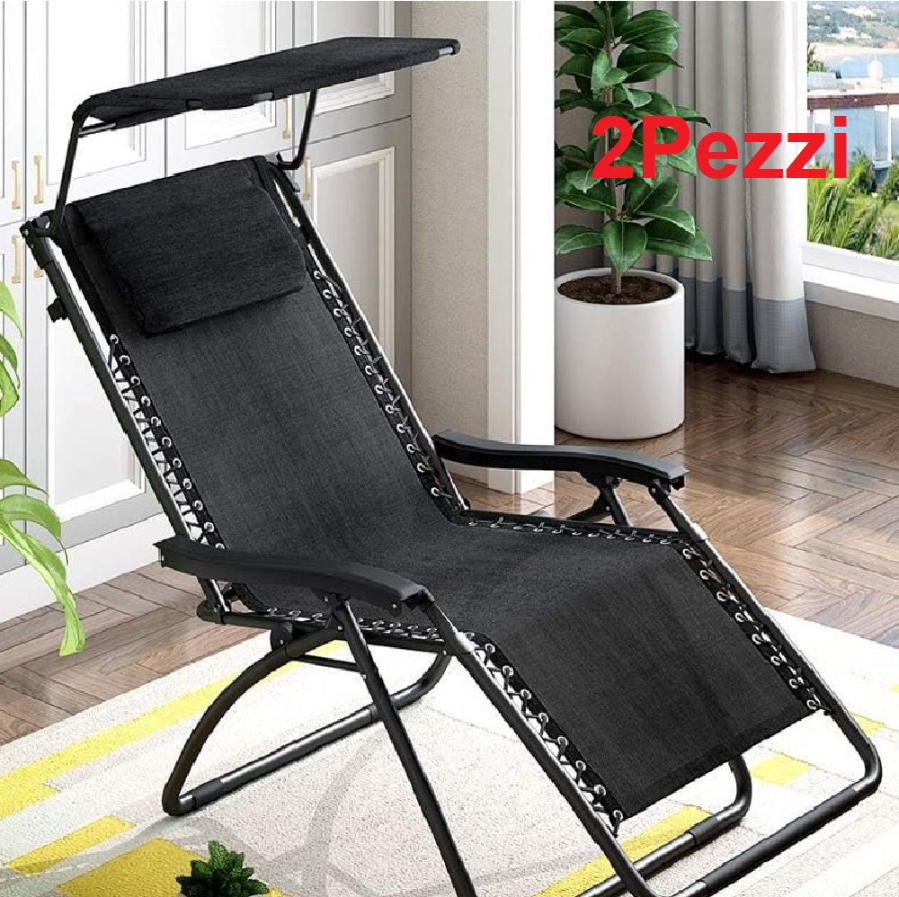 Kit 2pz Sedia Sdraio con Parasole Gravità Zero Reclinabile Pieghevole Poggiatesta Nero
