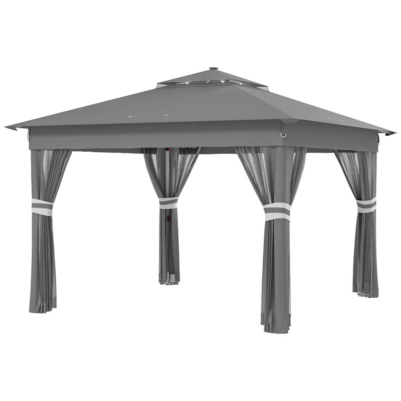 Image of GAZEBO DA GIARDINO AD ALTEZZA REGOLABILE CON LUCI LED, IN ACCIAIO E TESSUTO OXFORD, 336X336X250-270 CM, GRIGIO