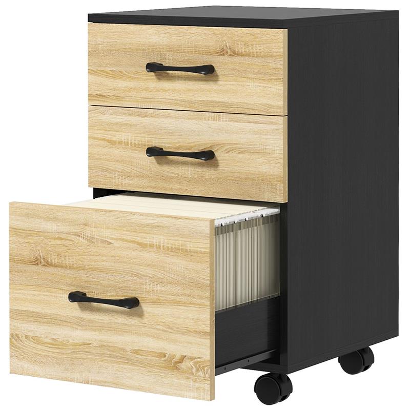 Image of CASSETTIERA UFFICIO CON 3 CASSETTI E RUOTE, PORTADOCUMENTI CON BARRE REGOLABILI, ROVERE E NERO