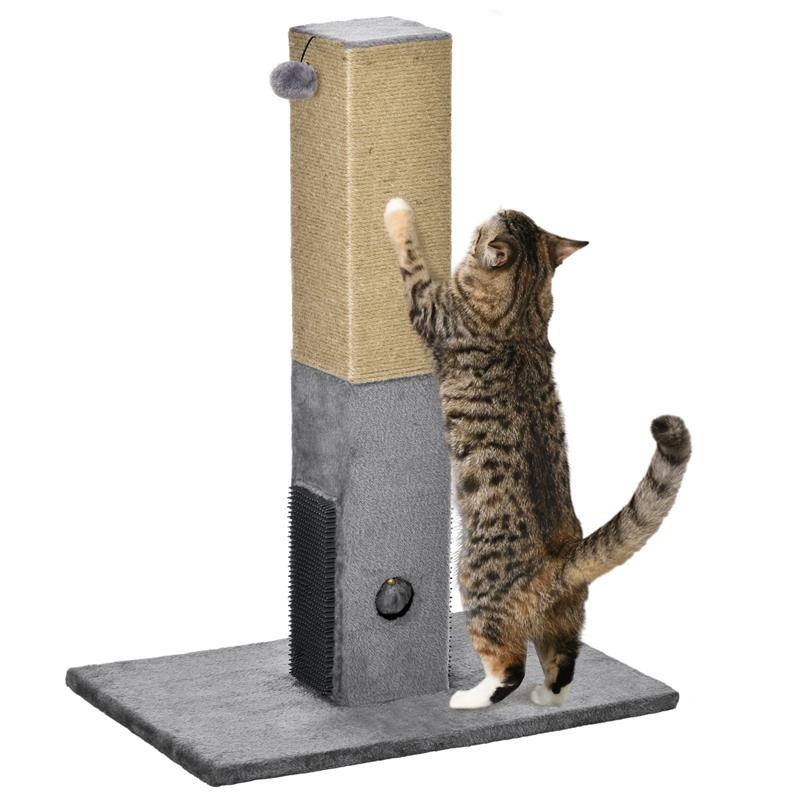 ALBERO TIRAGRAFFI PER GATTI CON 2 PALLINE GIOCATTOLO E SPAZZOLA IN LEGNO IUTA E PELUCHE 59.5X39X79 CM GRIGIO
