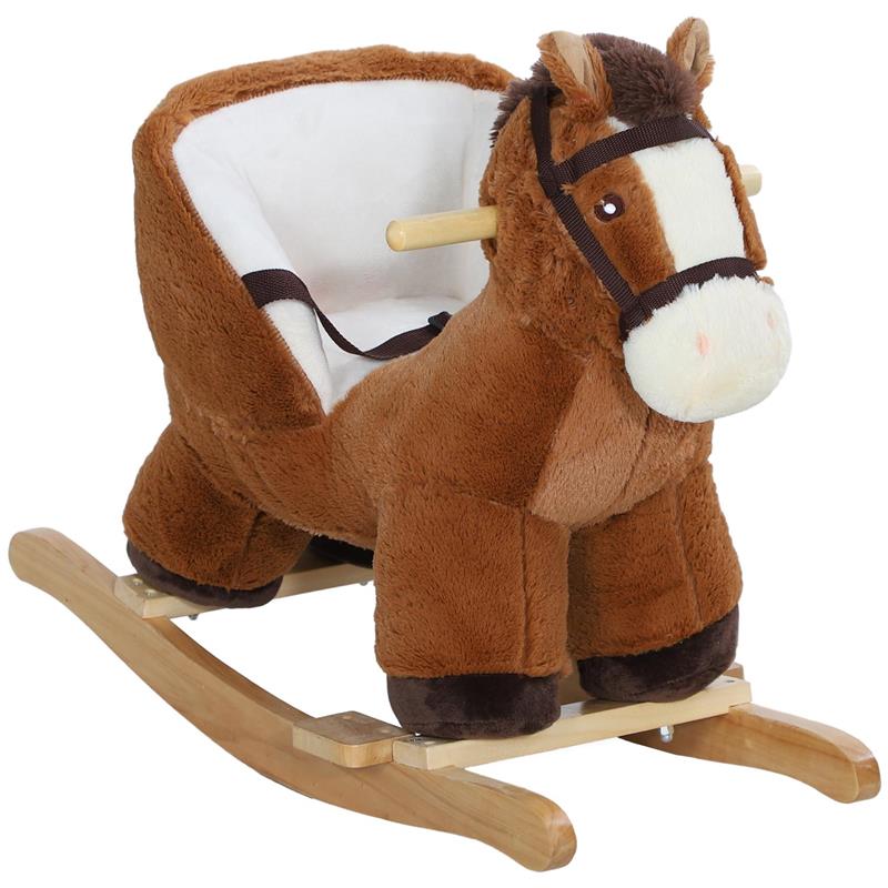 Image of CAVALLO A DONDOLO PER BAMBINI 18-36 MESI CON SUONI BASE IN LEGNO E CINTURA DI SICUREZZA 68X33X45 CM MARRONE