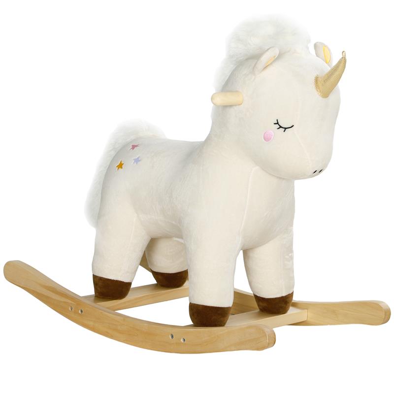 Image of CAVALLO A DONDOLO PER BAMBINI 2-4 ANNI A UNICORNO CON SUONI E RIVESTIMENTO MORBIDO 63X33X56 CM BIANCO