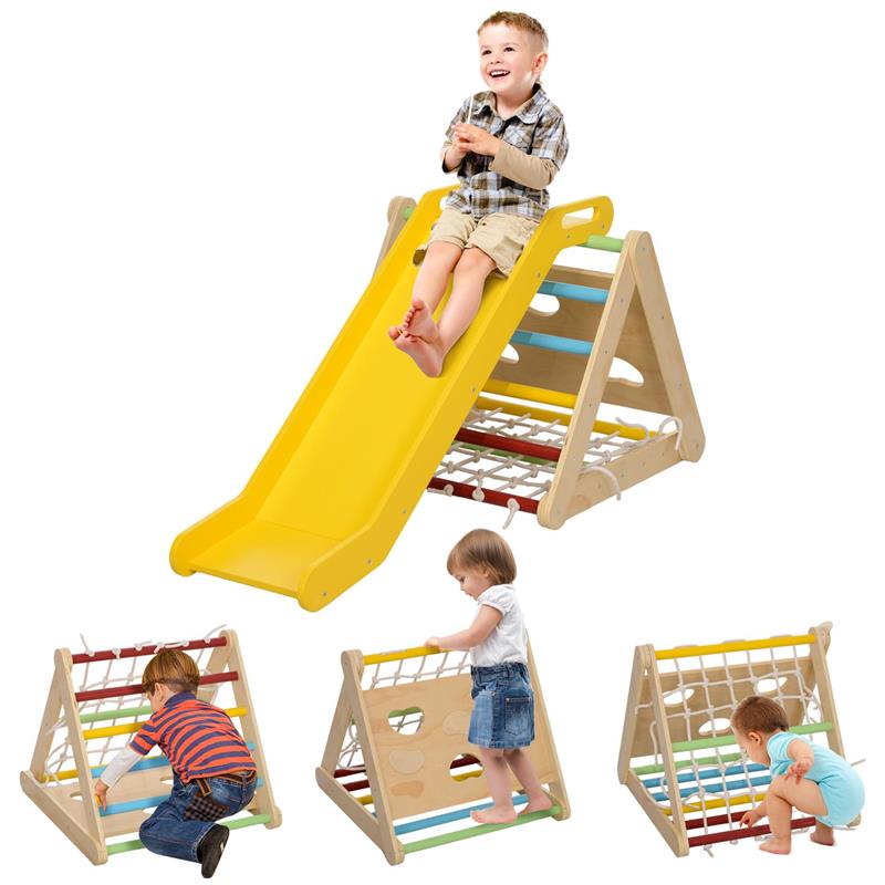 Image of GIOCO ARRAMPICATA BAMBINI CON TRIANGOLO MONTESSORI 5 IN 1 CON CORDA SCIVOLO E SACCHI IN LEGNO 119X63X61 CM