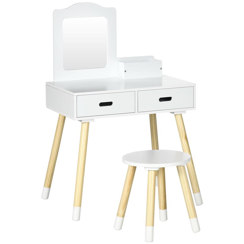 Image of SET TOELETTA PER BAMBINI CON TAVOLO TRUCCO E SGABELLO SPECCHIO E 2 CASSETTI BIANCO E COLORE LEGNO