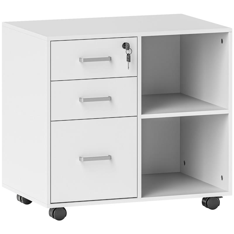 Image of CASSETTIERA PORTADOCUMENTI DA UFFICIO CON 3 CASSETTI RUOTE SERRATURA E CHIAVI 60X40X56 CM BIANCO