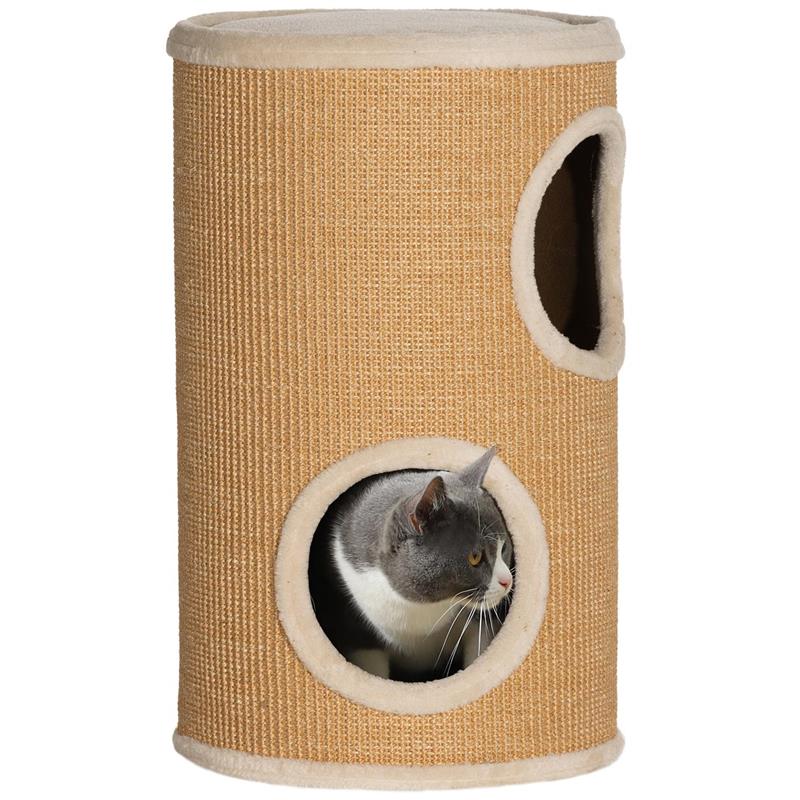 Image of TORRE TIRAGRAFFI PER GATTI A 2 LIVELLI IN SISAL CON CASETTE IN PELUCHE PER 1-2 GATTI, MARRONE