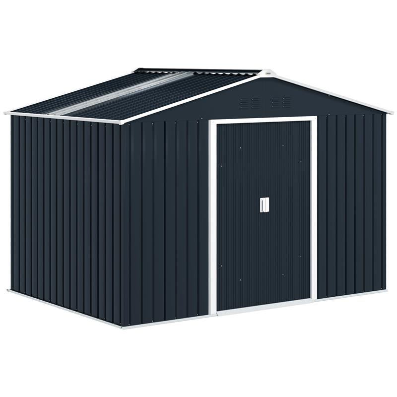 Image of CASETTA PORTA ATTREZZI IN ACCIAIO CON TETTO INCLINATO E 2 PORTE SCORREVOLI 277X195X192 CM GRIGIO SCURO
