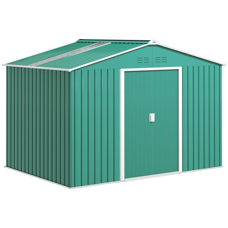 Image of CASETTA PORTA ATTREZZI IN ACCIAIO CON TETTO INCLINATO E 2 PORTE SCORREVOLI 277X195X192 CM VERDE SCURO