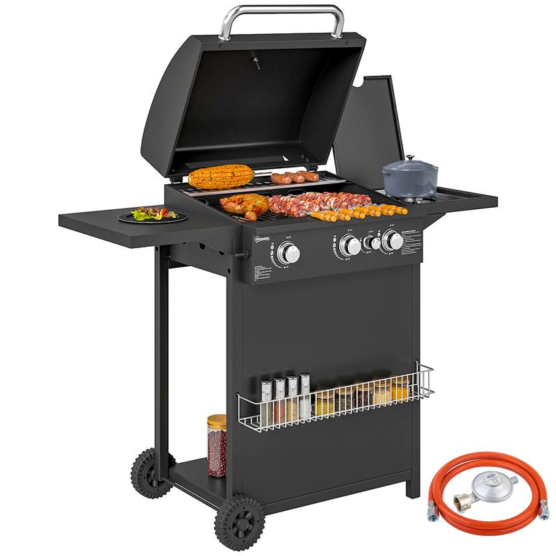 BARBECUE A GAS CON BRUCIATORI INDIPENDENTI COPERCHIO CON TERMOMETRO E TAVOLINO LATERALE NERO 98X57X123 CM