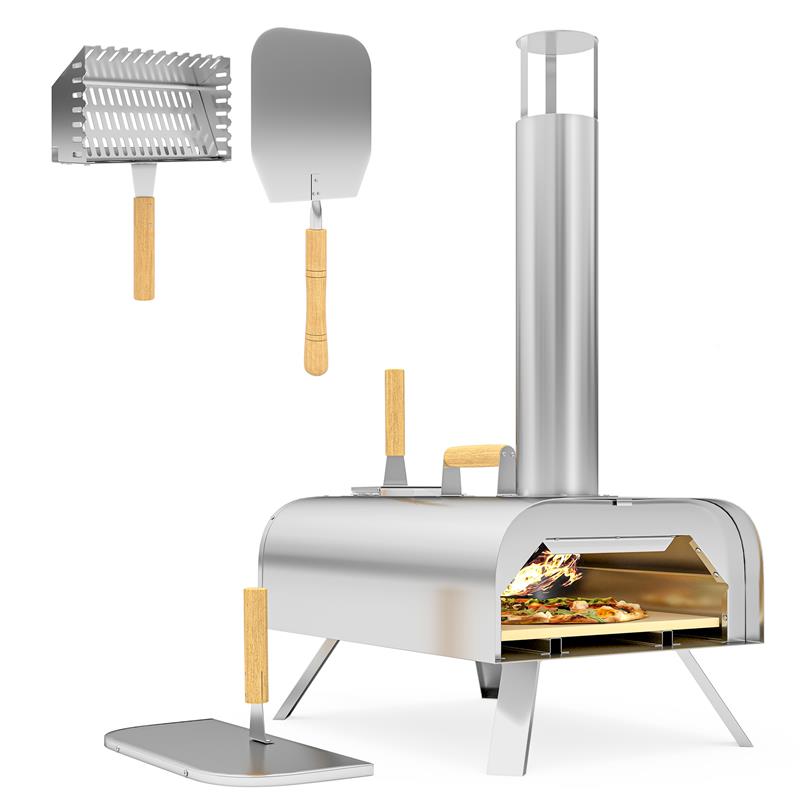 Image of FORNO PER PIZZA A PELLET DI LEGNO CON PIETRA REFRATTARIA E PALA IN ACCIAIO INOX 79X36X75 CM ARGENTO