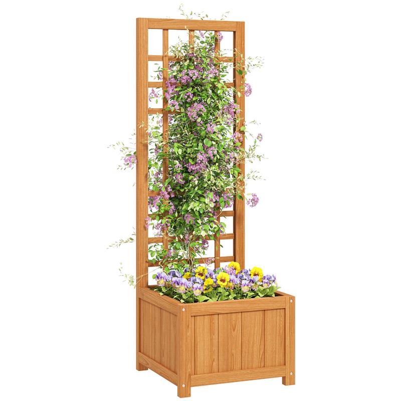 Image of FIORIERA CON TRALICCIO PER RAMPICANTI CON FORO DI DRENAGGIO E FODERA IN LEGNO 40X40X120 CM MARRONE