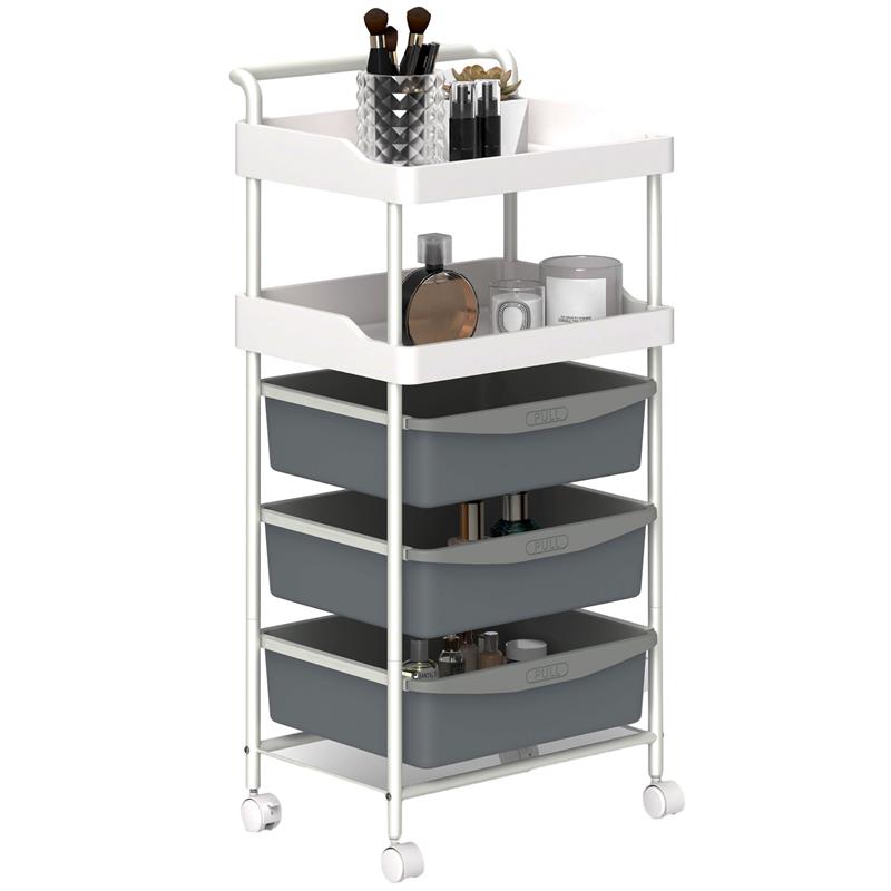 Image of CARRELLO PORTAOGGETTI CON 2 VASSOI FISSI E 3 VASSOI SCORREVOLI IN ACCIAIO E PP 40X34X85 CM BIANCO E GRIGIO