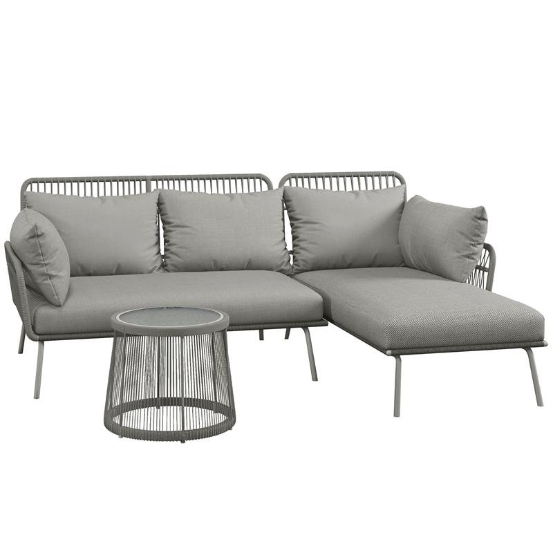 SET DA GIARDINO IN RATTAN PE STILE BOHO DIVANO 2 POSTI CON CHAISE LONGUE E TAVOLINO GRIGIO CHIARO