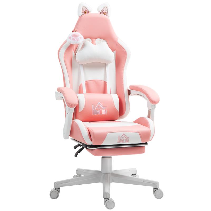 Image of SEDIA DA GAMING ERGONOMICA CON ORECCHIE DA GATTO POGGIAPIEDI SUPPORTO LOMBARE E CERVICALE ROSA