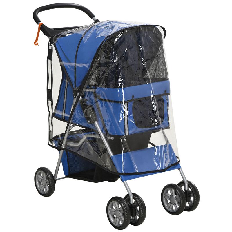 Image of PASSEGGINO PER CANI PICCOLI PIEGHEVOLE CON COPERTURA ANTIPIOGGIA RUOTE GIREVOLI E CON FRENI BLU