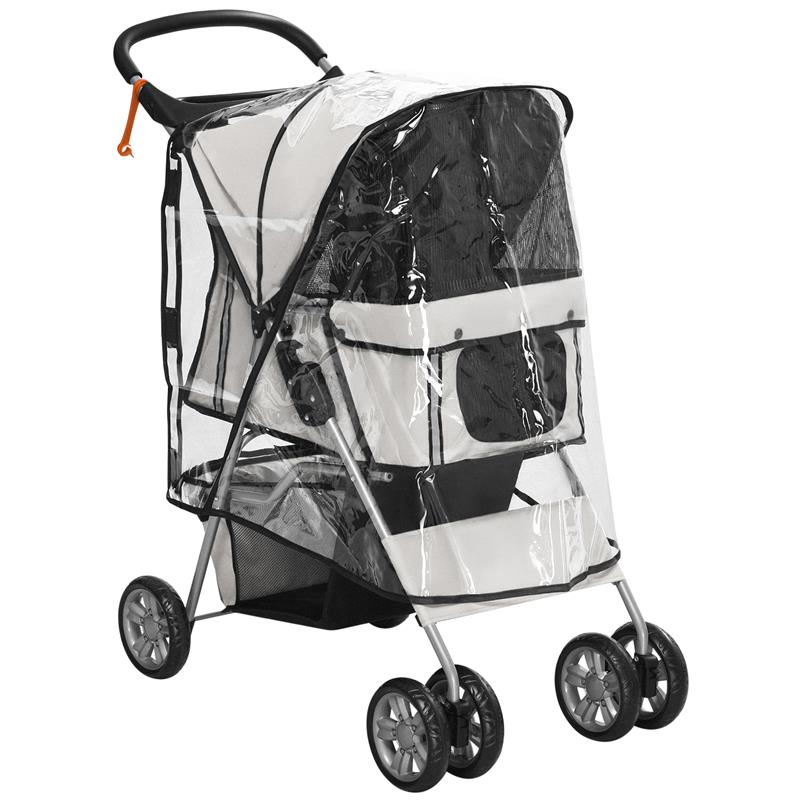 Image of PASSEGGINO PER CANI PICCOLI PIEGHEVOLE CON COPERTURA ANTIPIOGGIA, RUOTE GIREVOLI E CON FRENI, GRIGIO