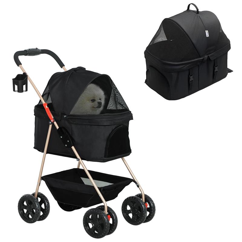 Image of PASSEGGINO PER CANI 3 IN 1 PIEGHEVOLE CON BORSA TRASPORTINO E CESTINO INFERIORE NERO